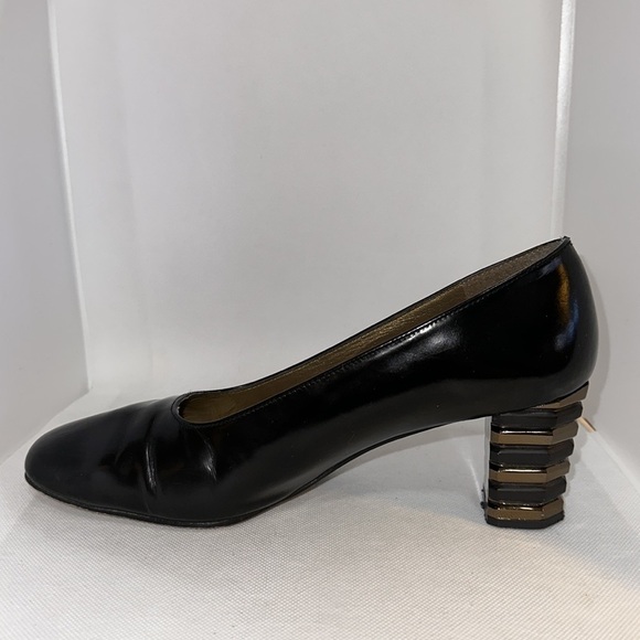 Stuart Weitzman Black Pumps with Geometric Stacked Heels Size 8.5 - GUC - Picture 6 of 11